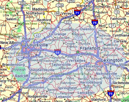 Road map of the Gasket Pro service area, a shaded region from Louisville east through Frankfort to Lexington, Kentucky.